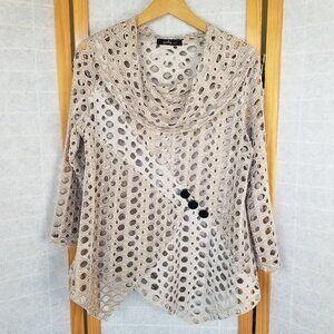 Yushi laser-cut, cowl neck, long-sleeve tunic top with asymmetric hem tan